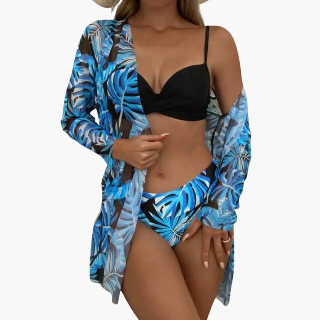 Women’s 3-piece bikini set by Wilfred Smith with blue tropical print kimono cover up, high-waisted bottoms and black top.