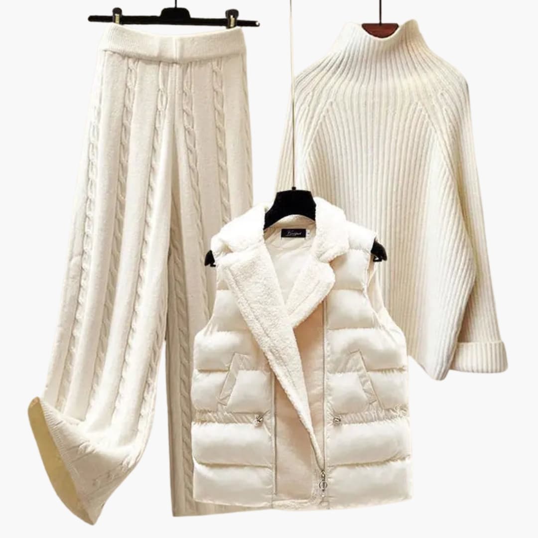 Women's 3-Piece Set with Turtleneck, Trousers, and Padded Vest