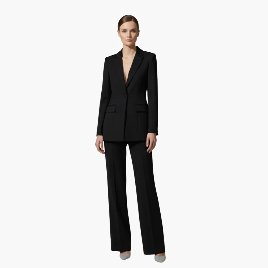 Women's black two-piece wedding blazer and wide-leg pants suit