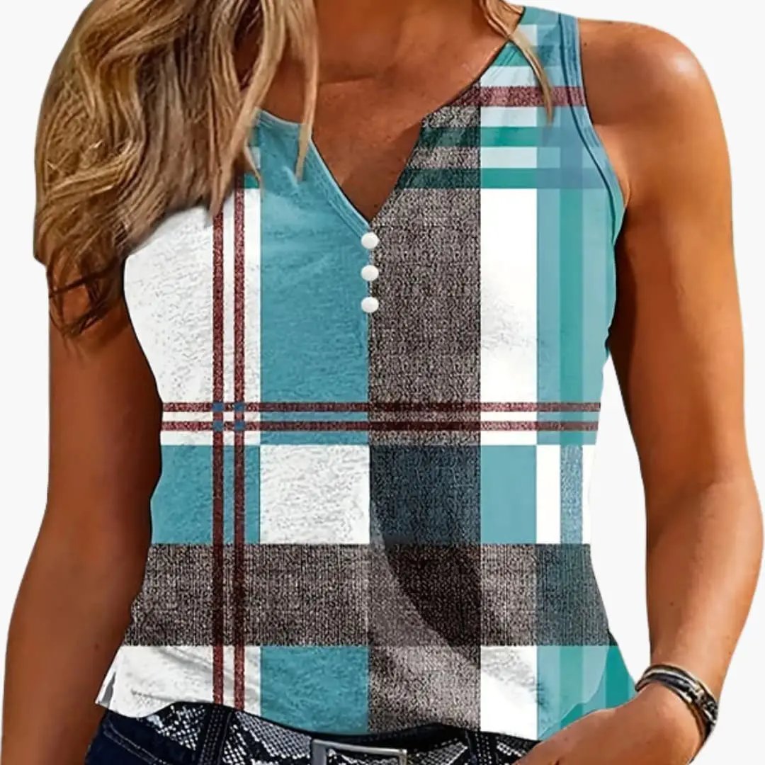 Women's Top with V-Neck and Button Detail, sleeveless teal plaid tank by Wilfred Smith