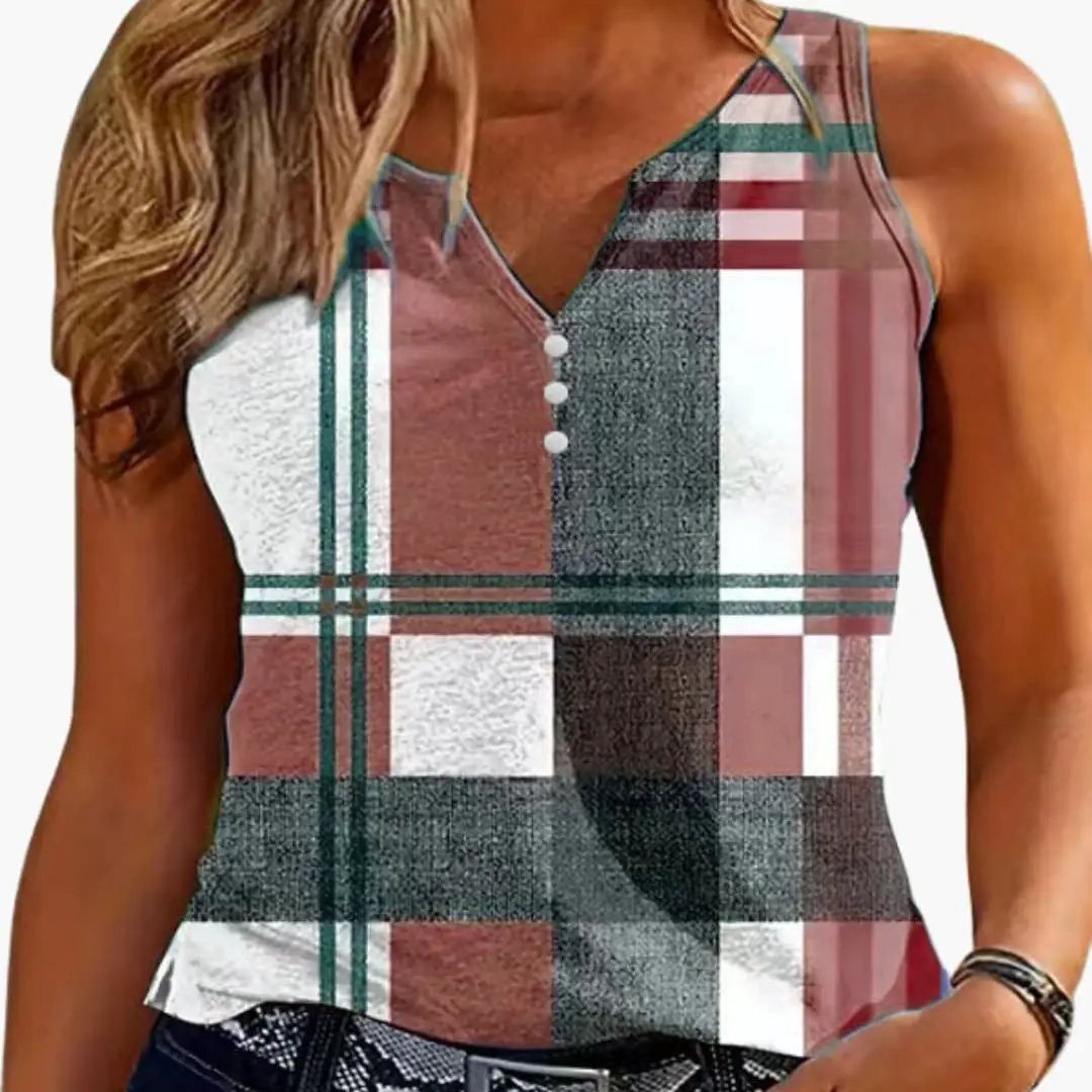 Women's tank top by Wilfred Smith in multicolor plaid with V-neck and button detail
