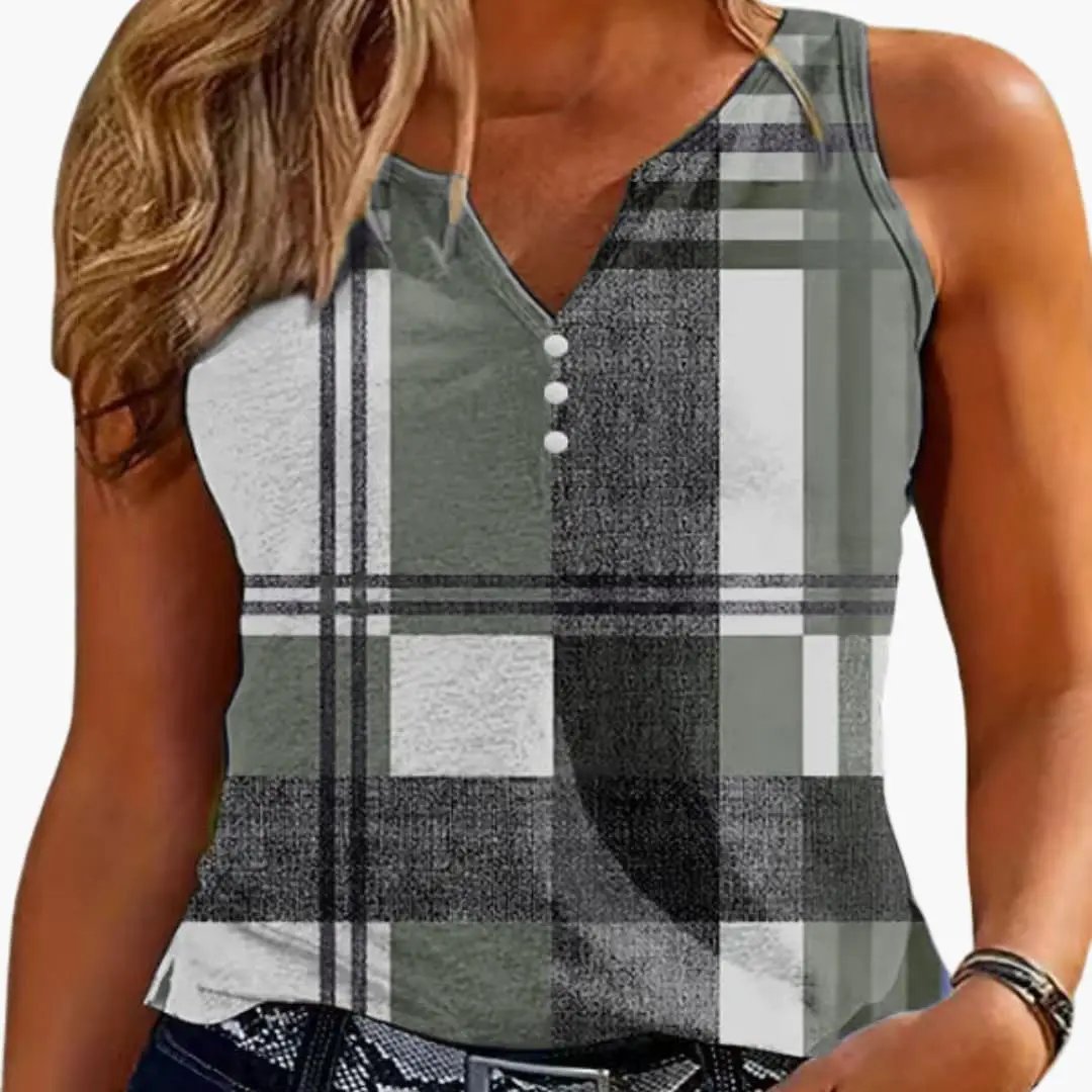 Women's Top with V-Neck and Button Detail; sleeveless plaid tank in grayscale by Wilfred Smith.