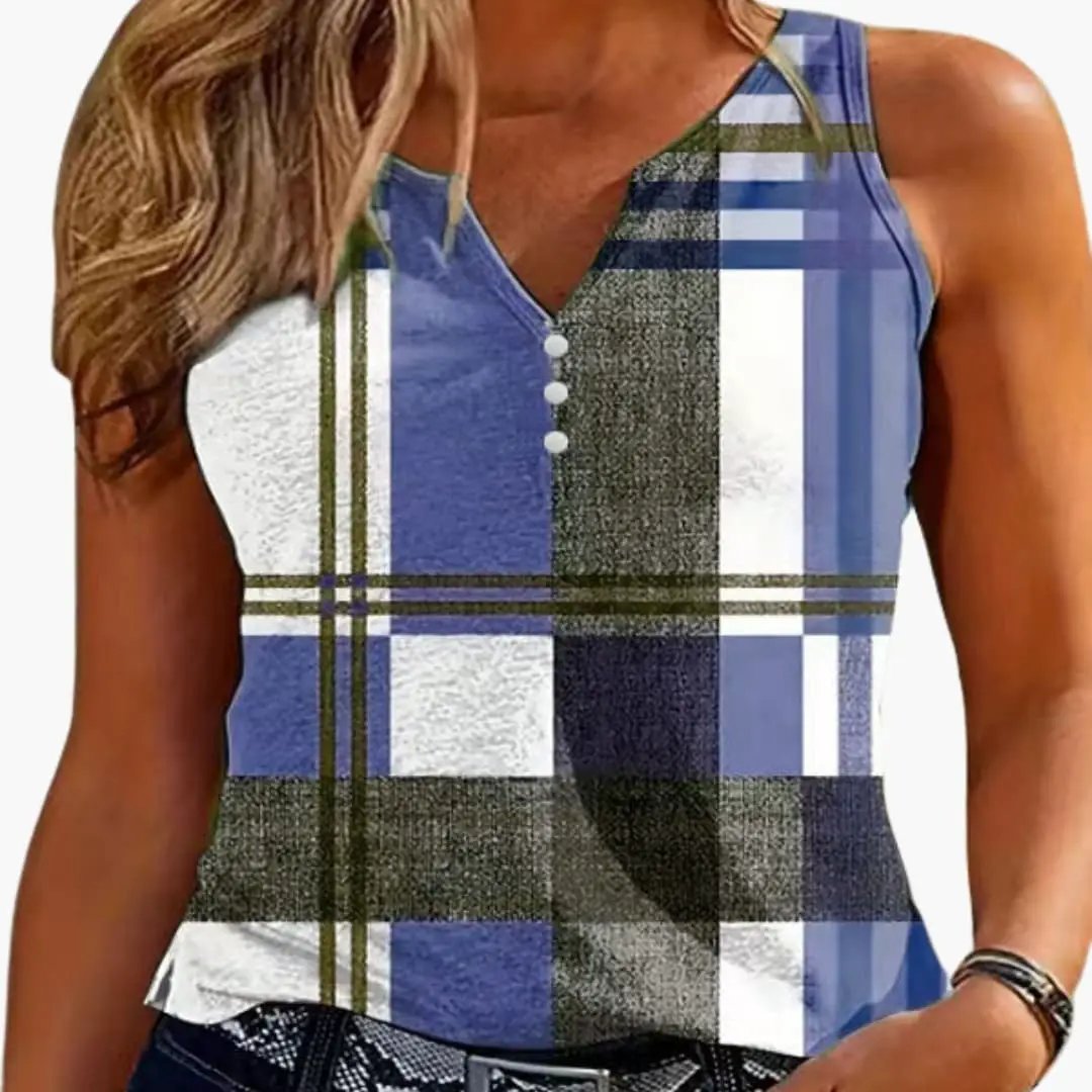 Women's sleeveless tank top by Wilfred Smith with a V-neck and button detail in blue plaid