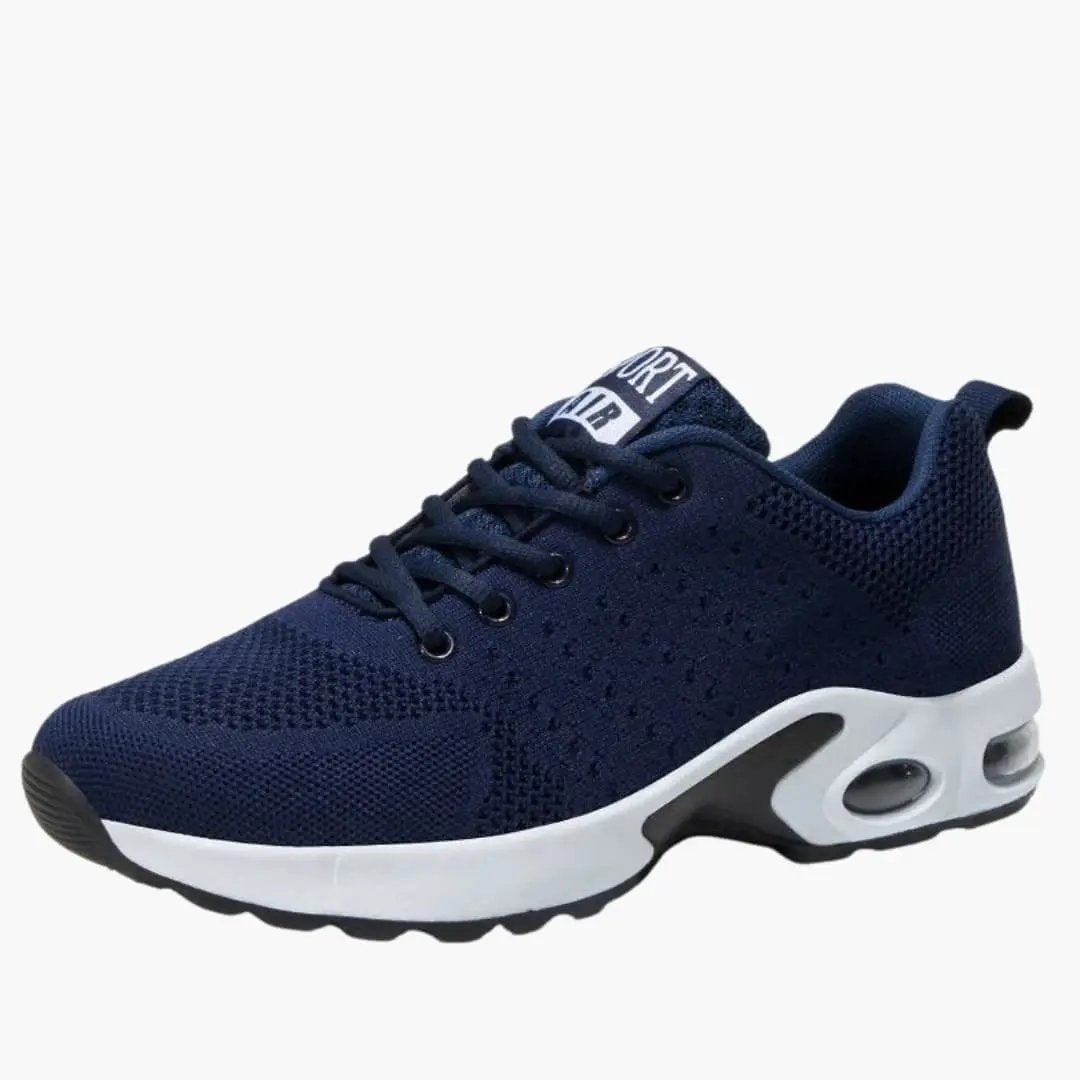 Women's trainers with cushioned sole and breathable navy knit upper, white sole