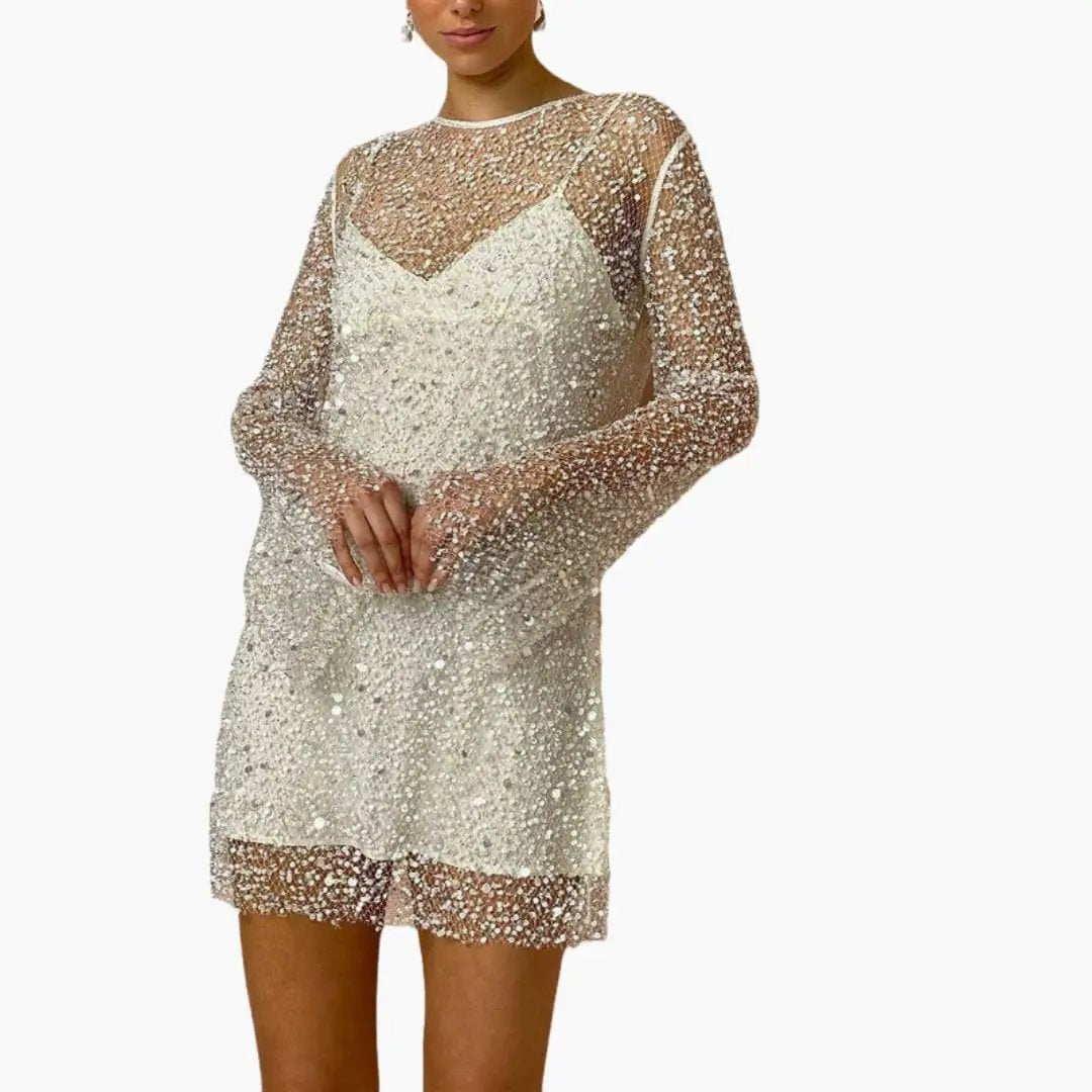 Women's two-piece dress with sheer sequin mesh overlay; champagne color, sling straps, mini length