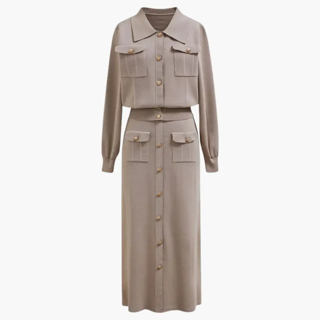 Women's beige two-piece jacket and skirt set with front buttons and patch pockets.