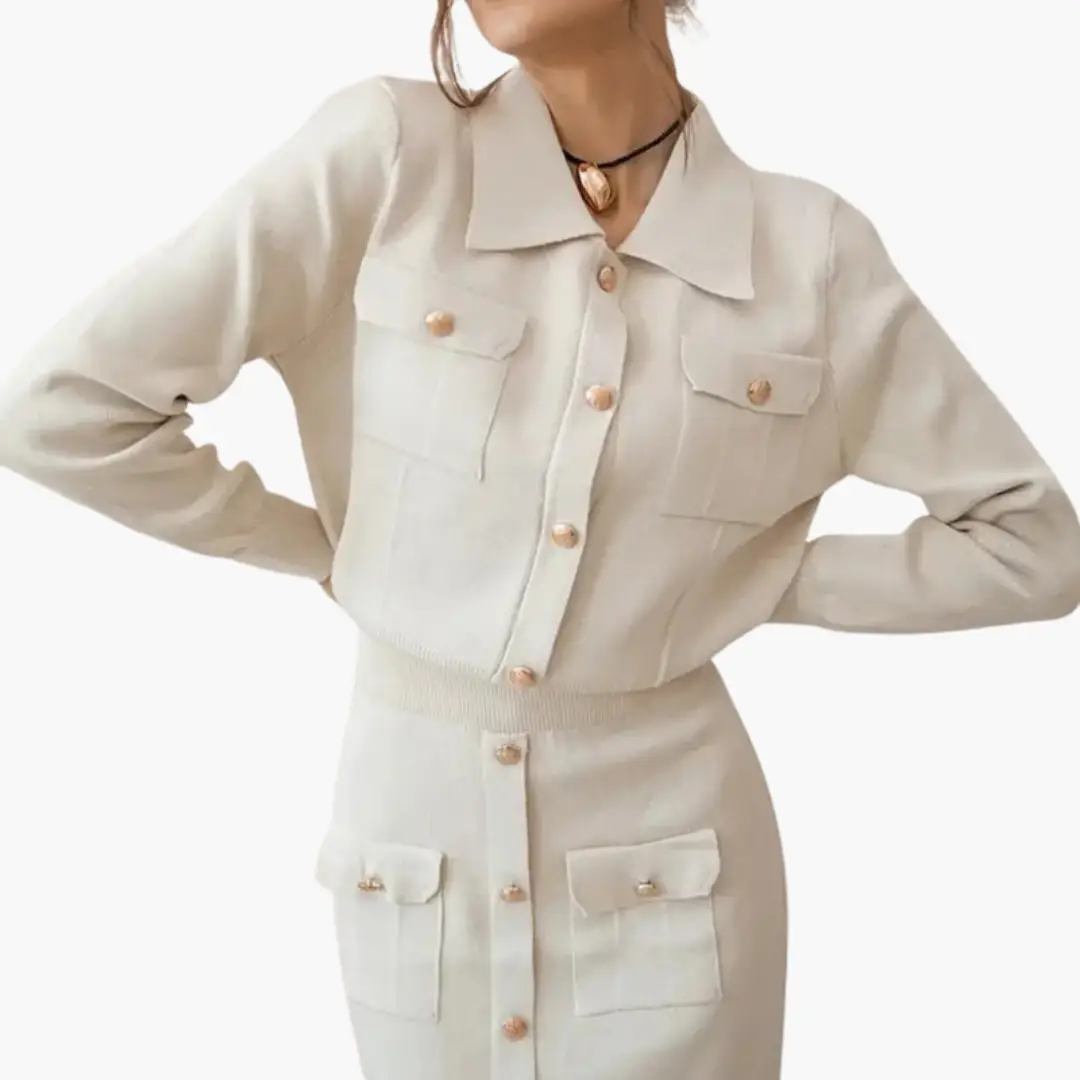 Women's two-piece knit set with cream jacket and matching skirt, gold buttons, by wildfred smith
