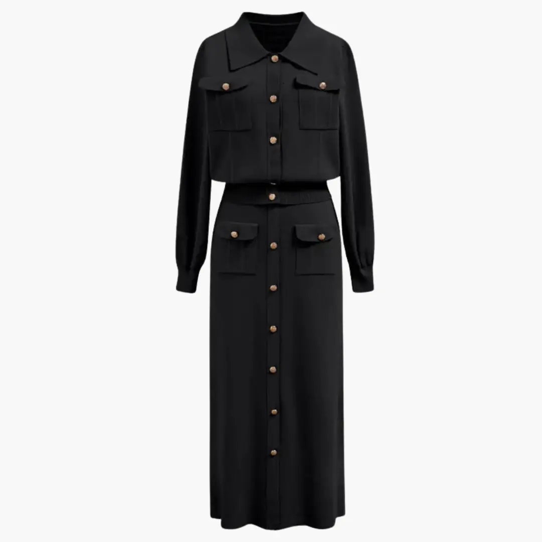 Women's black two-piece jacket and skirt set with gold-tone buttons and front pockets