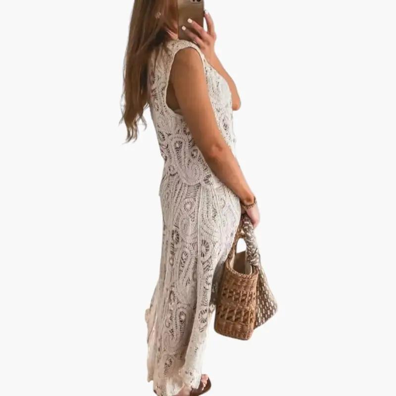 Women's two-piece crochet openwork outfit, cream color, asymmetrical design