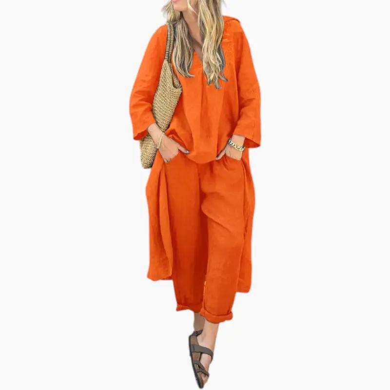 Women's orange two-piece linen outfit with short sleeves and full-length pants, summer outfit set