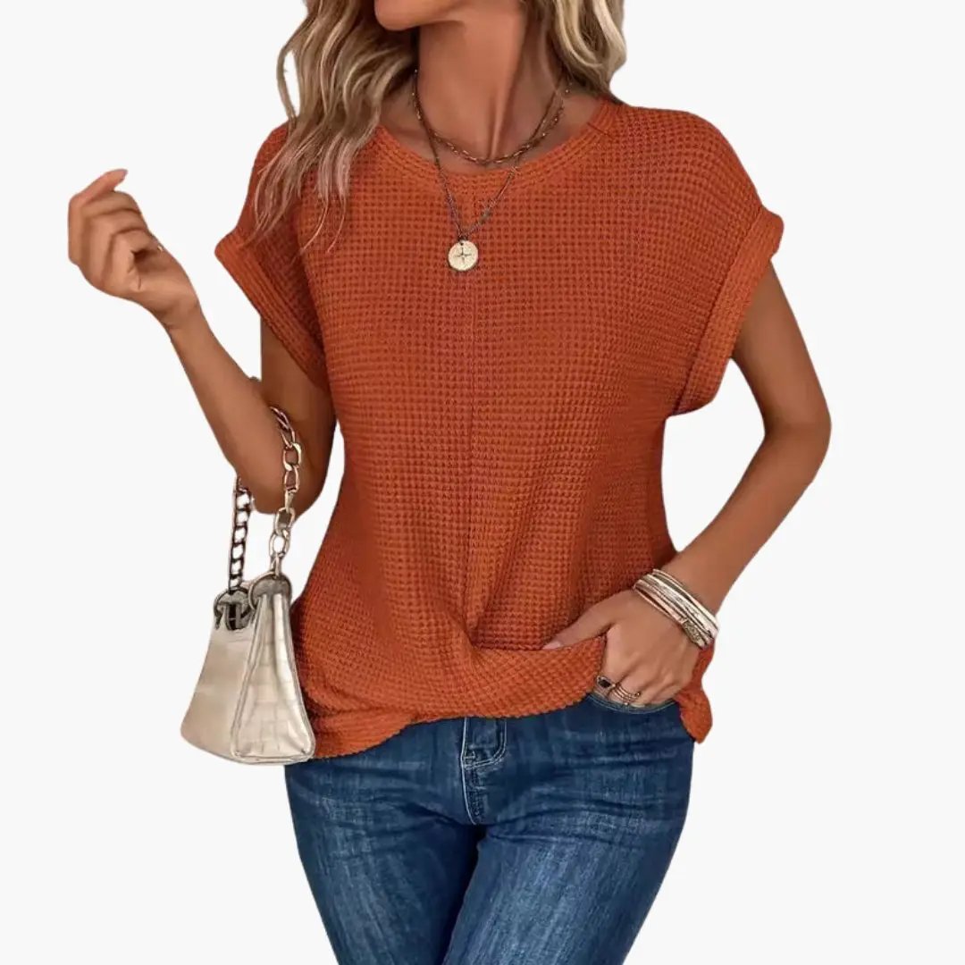 Women’s U-Boat Neck Short Sleeve T-Shirt in burnt-orange textured knit by Wilfred Smith