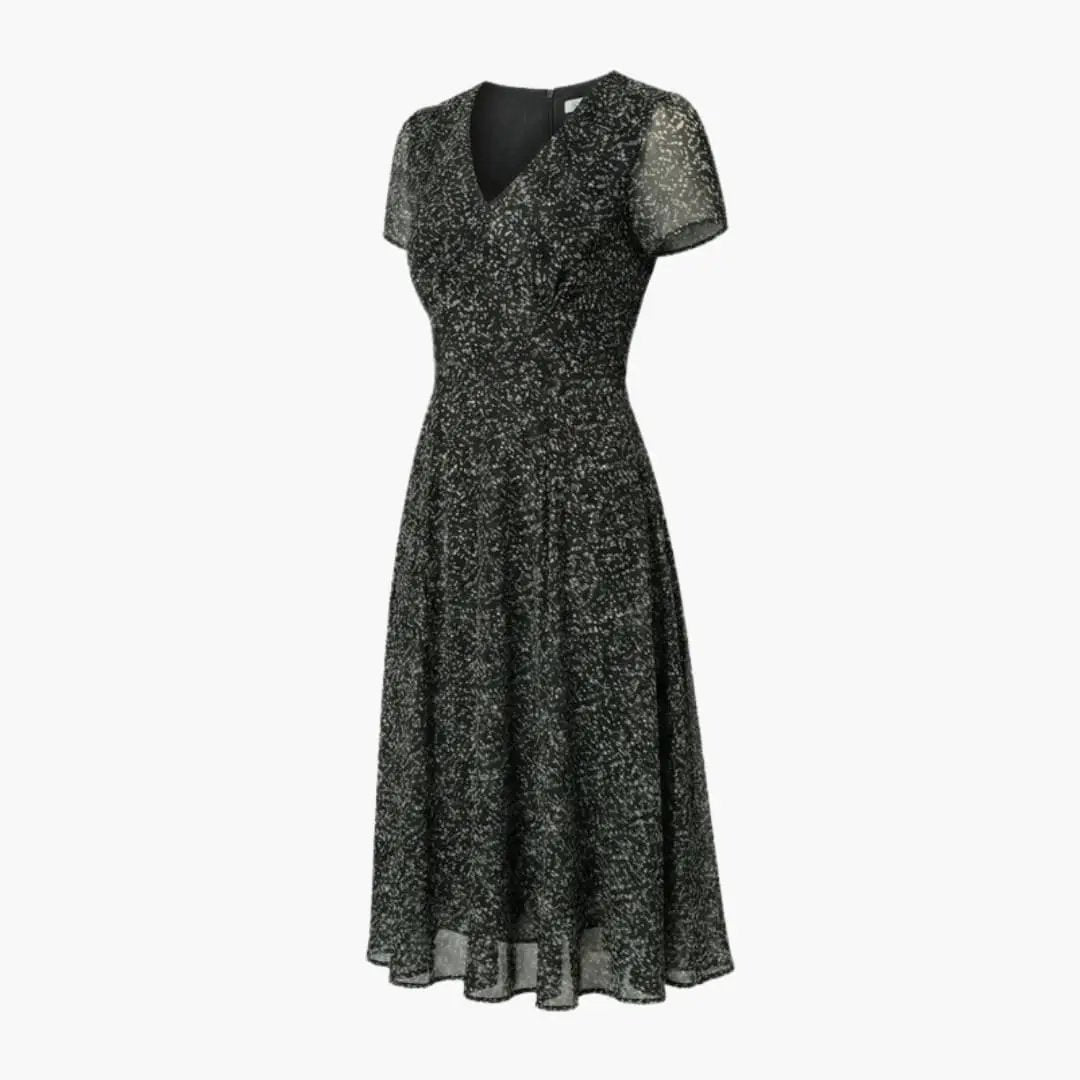 Women’s V-neck A-line dress with short sheer sleeves, black with white speckle pattern, Wilfred Smith