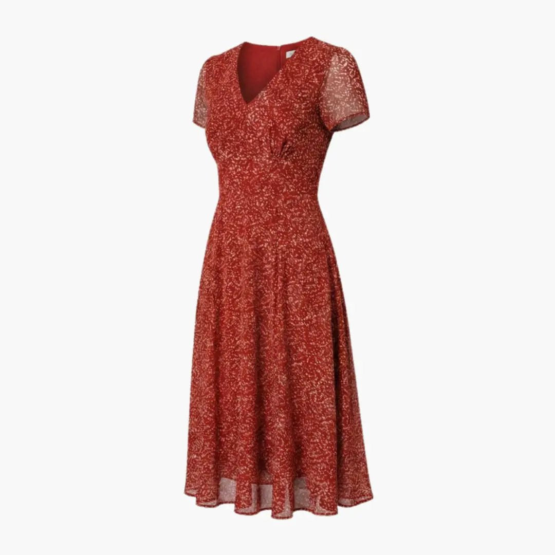 Women’s V-neck A-line dress with short sleeves and a flared hem in red speckled print