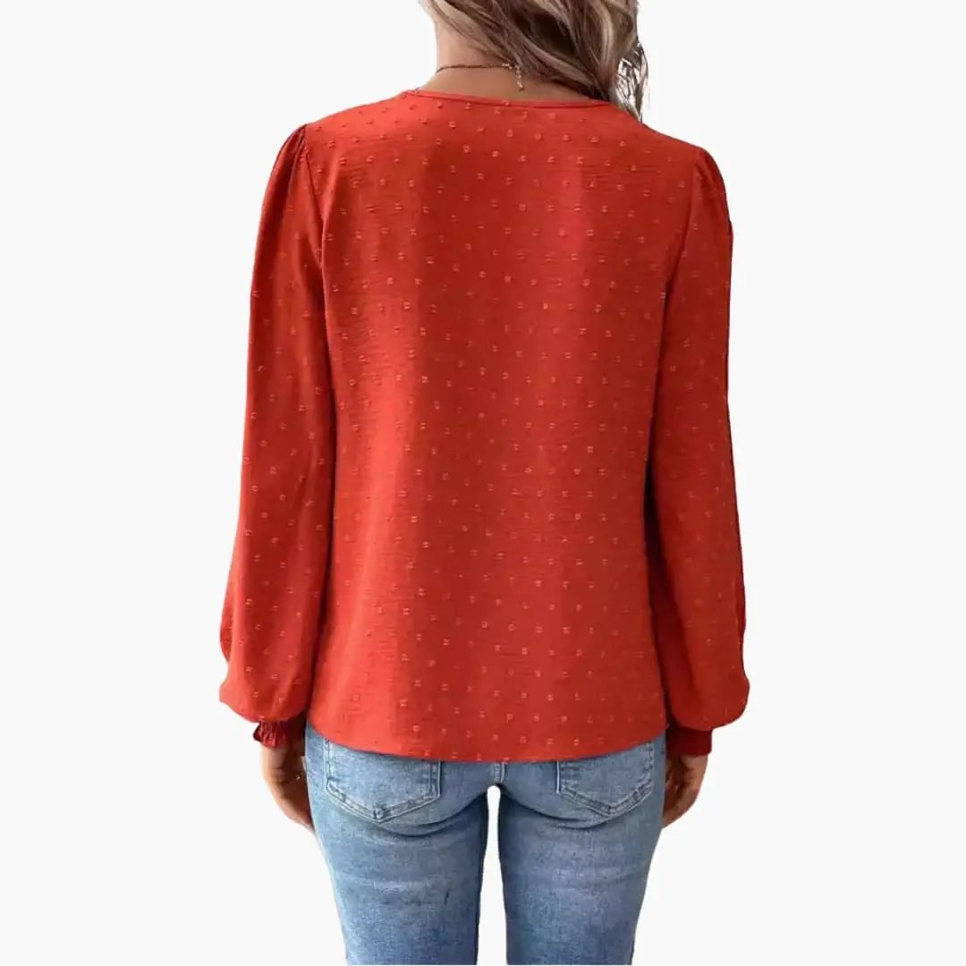 Women’s V-Neck Blouse, red long-sleeve loose-fit top with dotted texture by Wilfred Smith (back view)