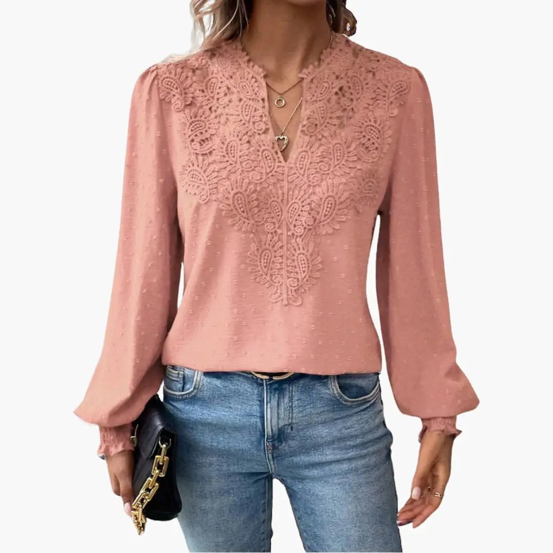 Women’s V-Neck Lace-Detail Blouse in pink, long sleeves with elastic cuffs, loose fit