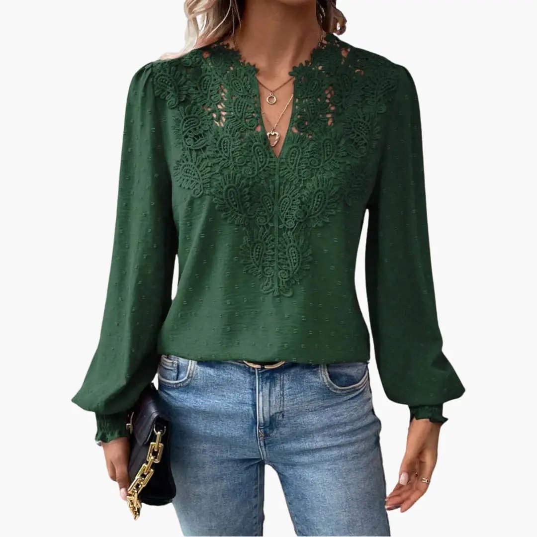 Women’s V-Neck Blouse in green lace with long sleeves, loose fit