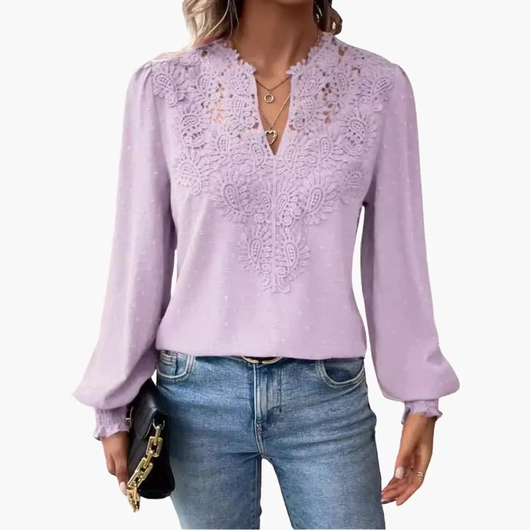 Women’s V-Neck Blouse in lavender with intricate lace panel, long sleeves, loose fit.