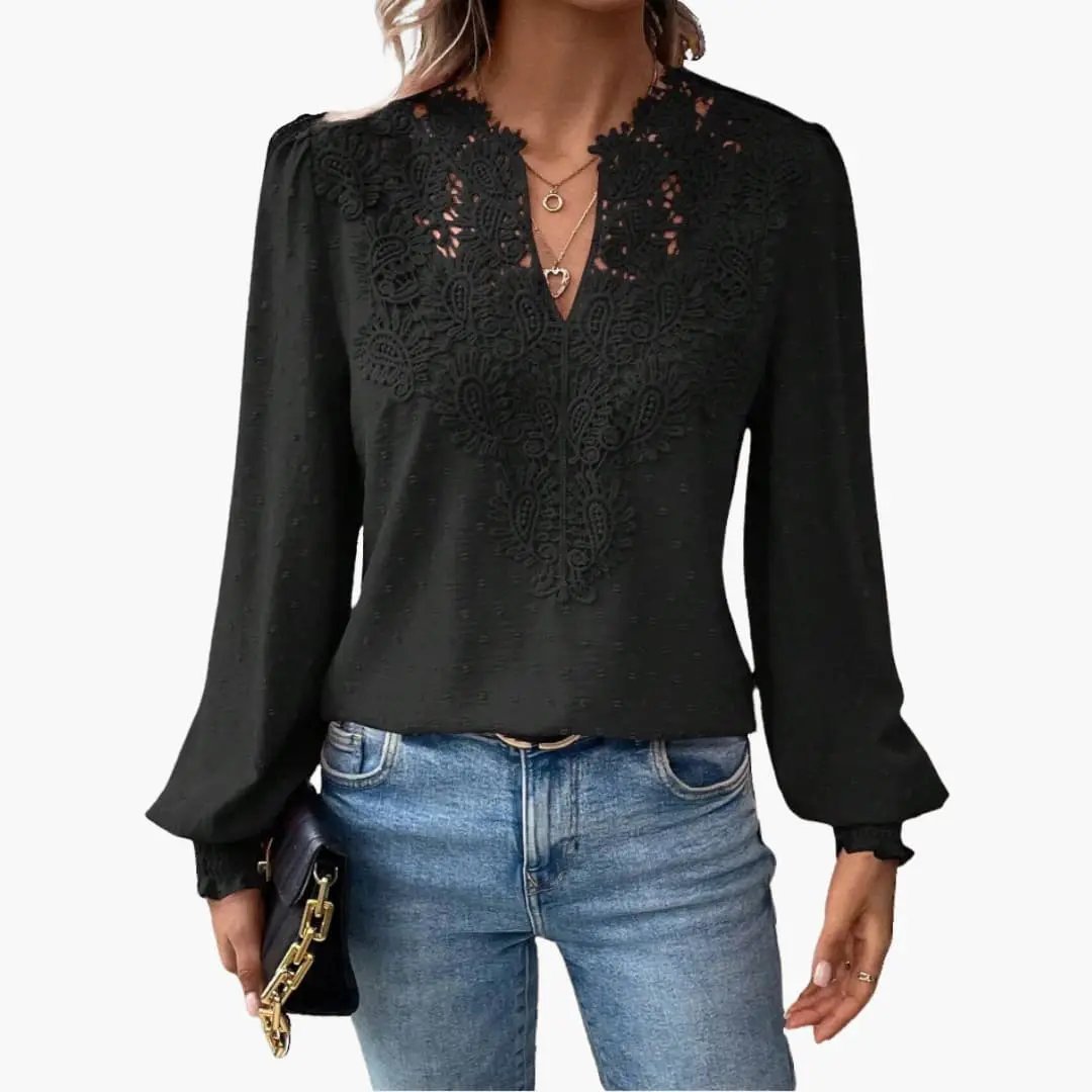 Women’s V-Neck Blouse by Wilfred Smith, black lace long-sleeve top
