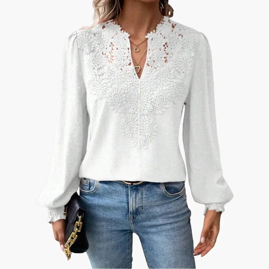 Women’s V-Neck Blouse Long Sleeve Loose Fit Top, white lace with scalloped neckline