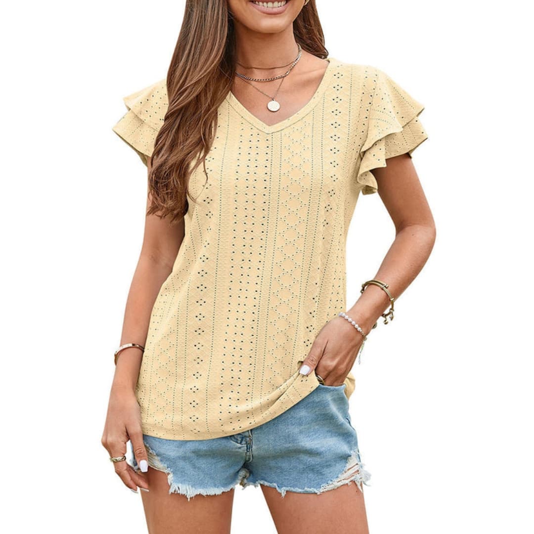 Women's V-neck eyelet T-shirt with ruffle sleeves in beige, textured short-sleeve top
