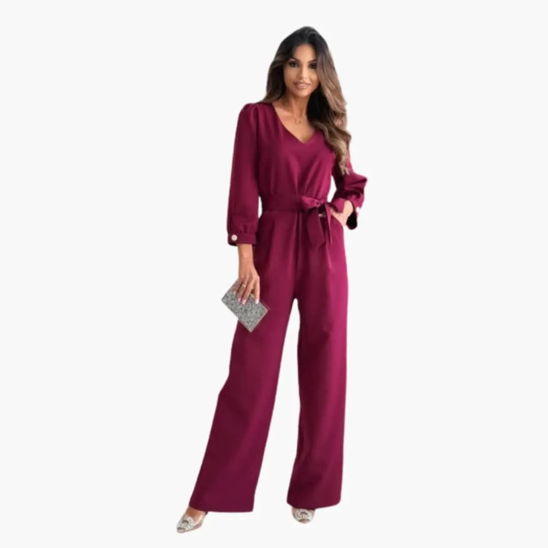 Women's V-neck magenta jumpsuit with adjustable belt, long sleeves and wide-leg pants