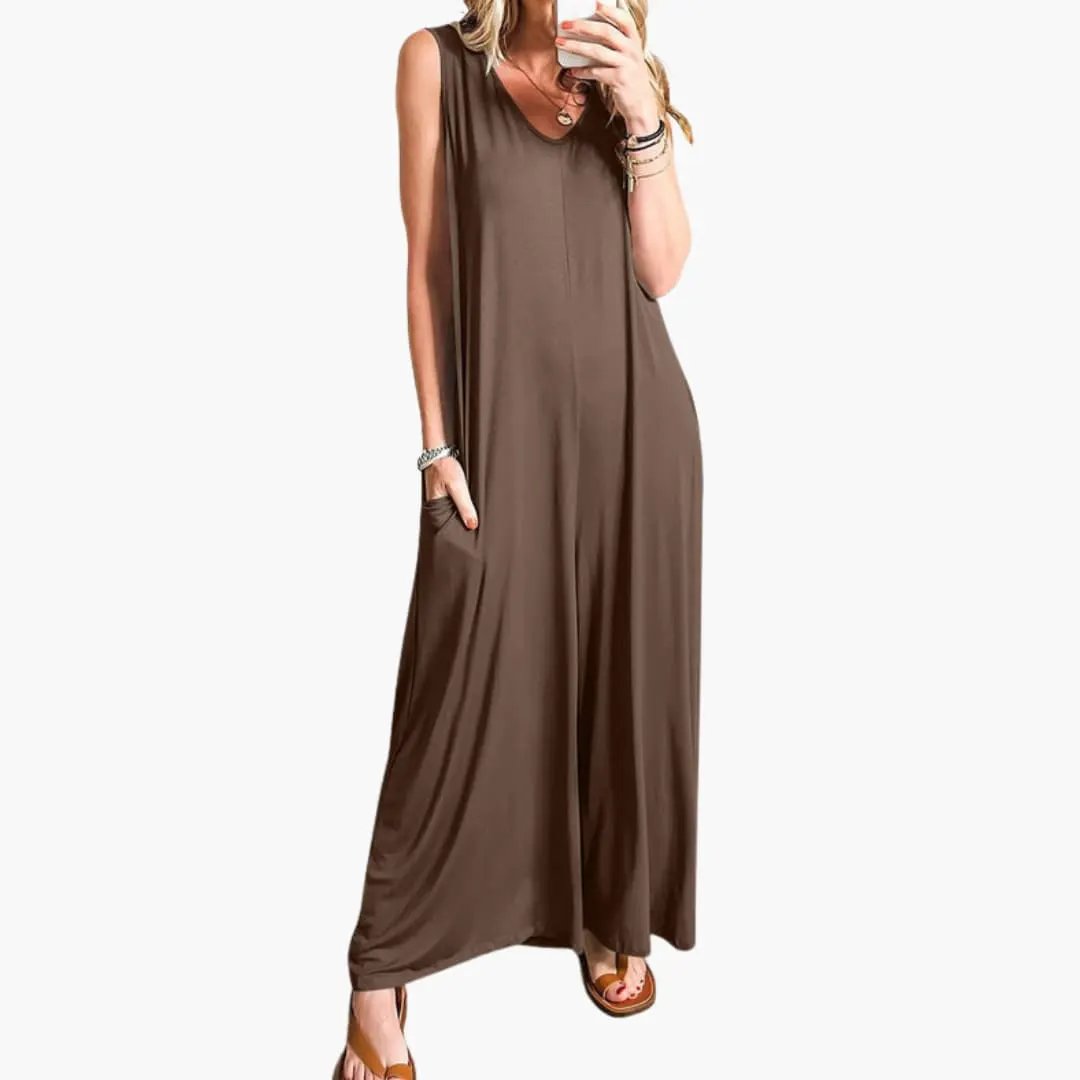 Women’s V-Neck One-Piece Jumpsuit with Pockets by Wilfred Smith in brown