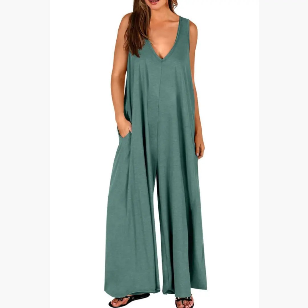 Women’s V-Neck One-Piece Jumpsuit with Pockets in teal-green, sleeveless, wide-leg