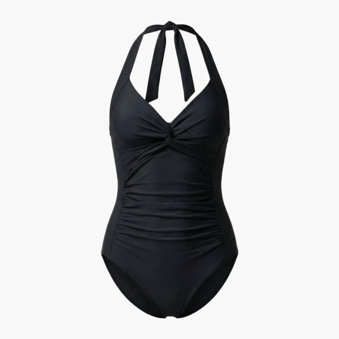 Women's V-neck one-piece swimsuit in black with halter straps, front twist knot, and ruched sides.