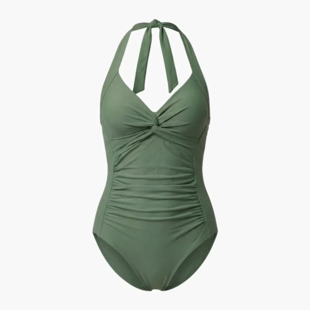 Women's V-Neck One-Piece Swimsuit in olive green by Wilfred Smith with halter straps and ruching.