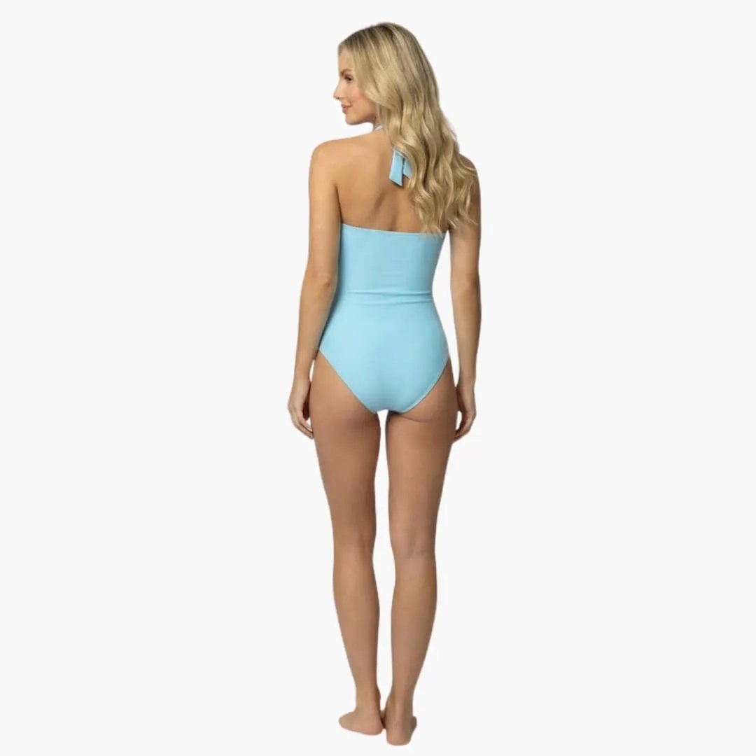 Women’s V-Neck One-Piece Swimsuit in light blue with adjustable halter strap.