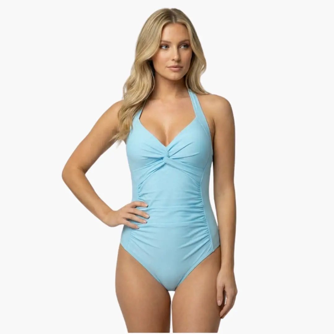 Women's V-neck one-piece swimsuit in light blue with adjustable straps and shaping fit