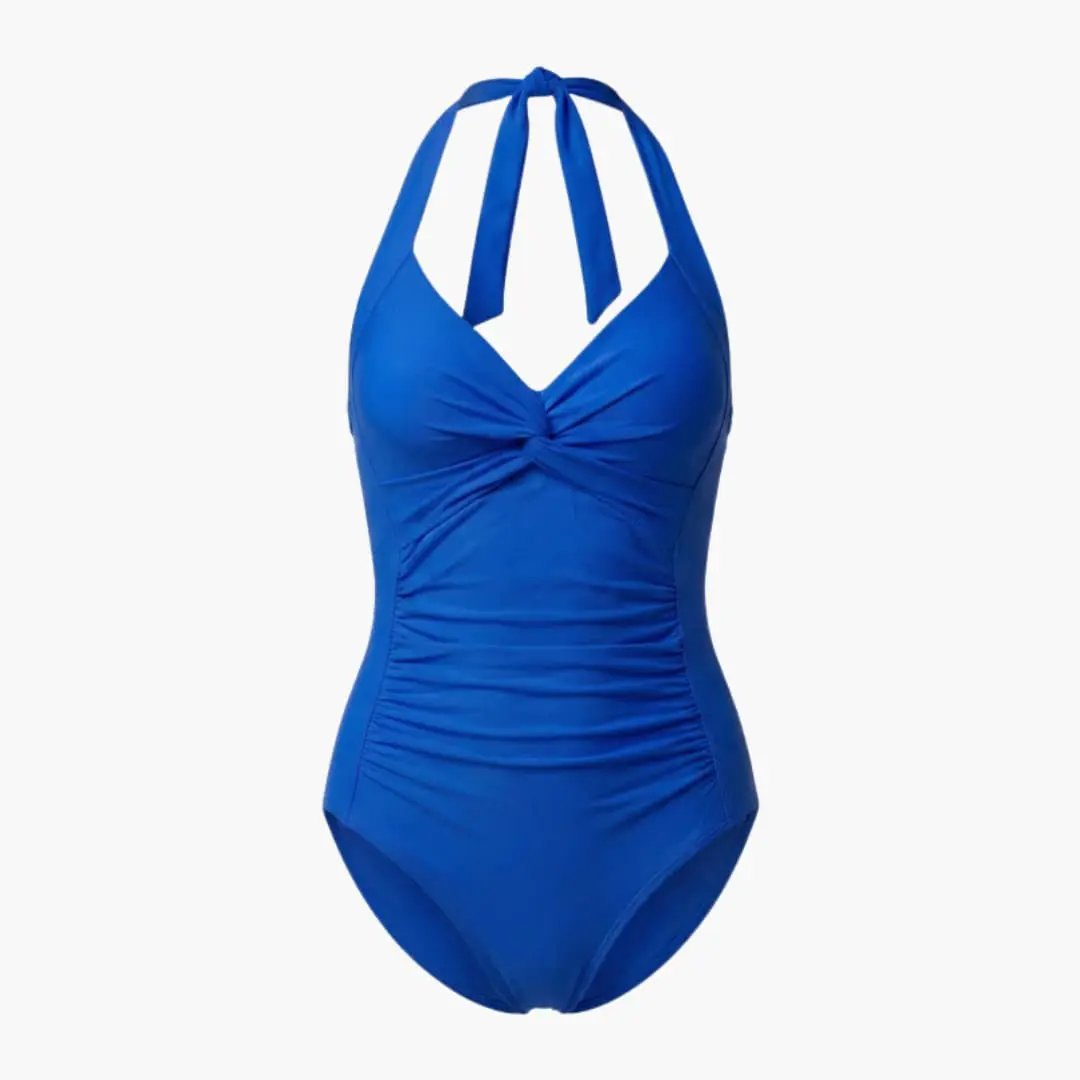 Women’s V-Neck One-Piece Swimsuit blue halter neck with tie and front twist knot