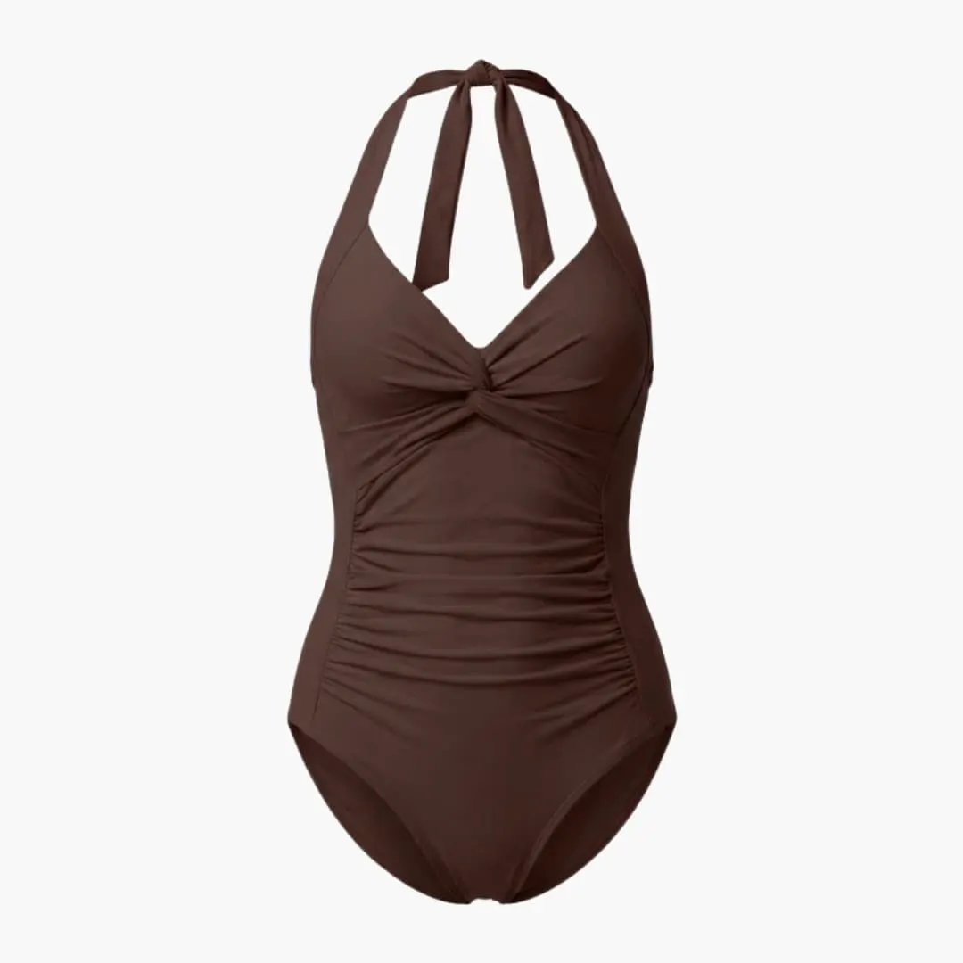 Women's V-Neck One-Piece Swimsuit with halter straps and ruched sides in brown