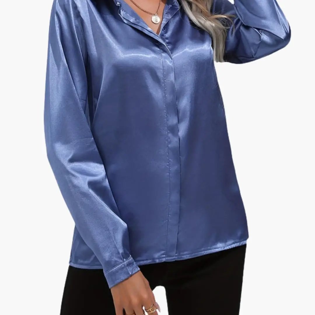 Women’s satin-style blouse, blue, V-neck, long sleeves
