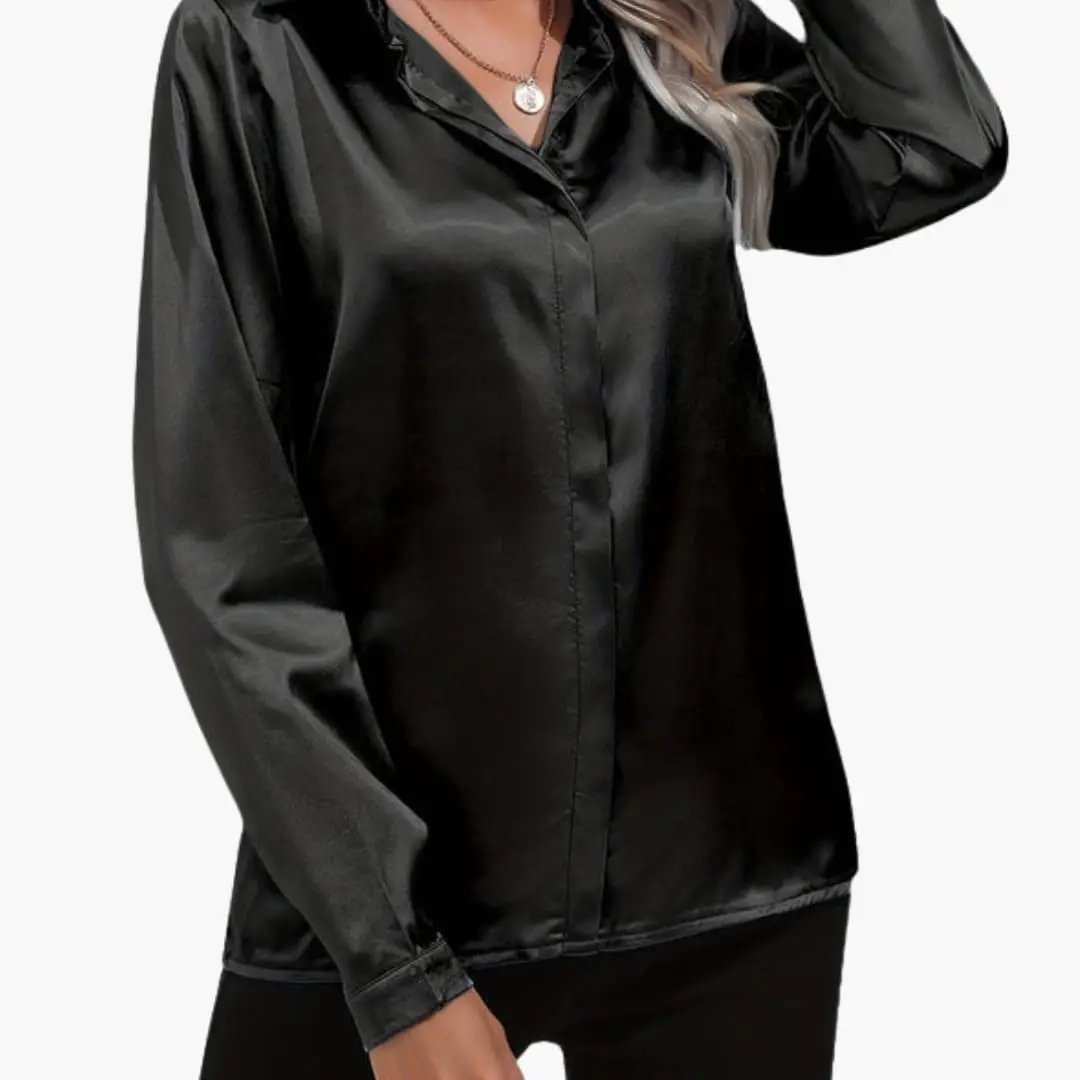 Women's V-Neck satin-style blouse, black long-sleeve woven dressy top