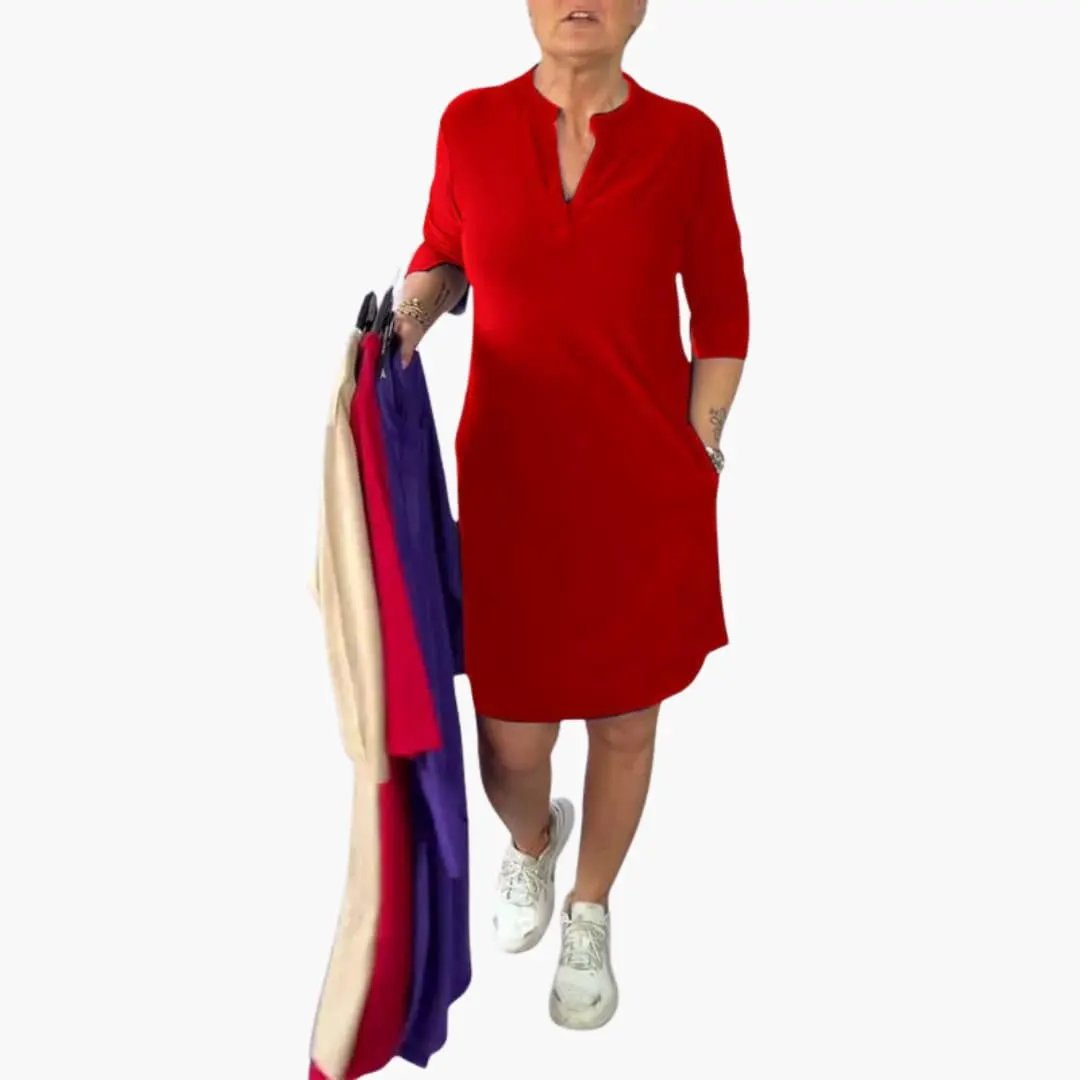 Women's V Neck Loose Fit Midi Dress in red with pockets