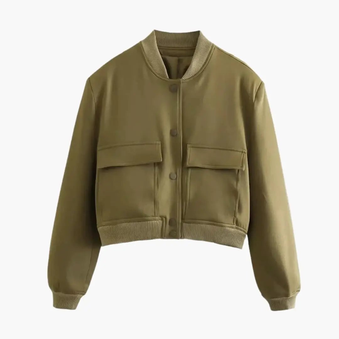 Women's Velvet Bomber Jacket by Wilfred Smith, olive lightweight bomber with ribbed cuffs, hem and front flap pockets