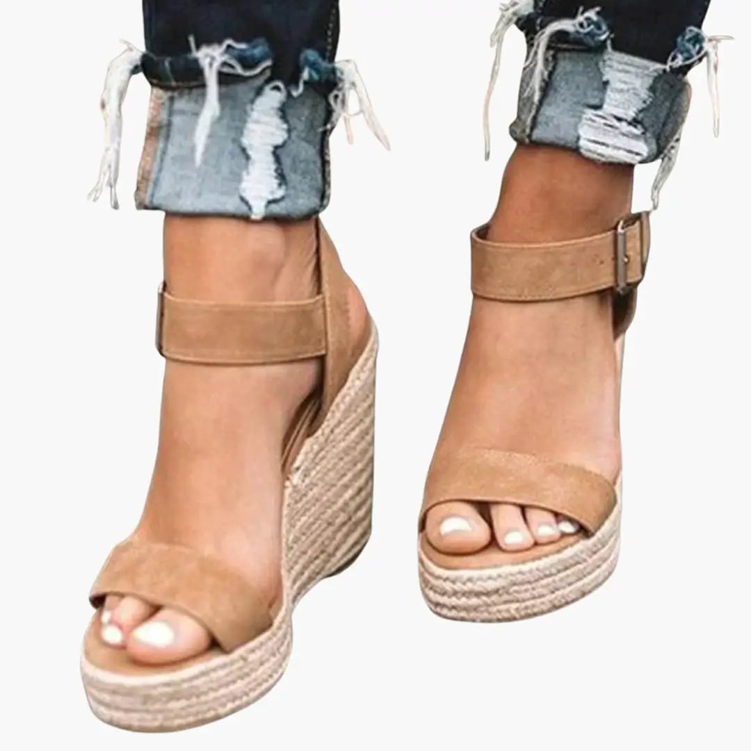 Wilfred Smith women's tan wedge sandals with adjustable buckle and woven espadrille heel