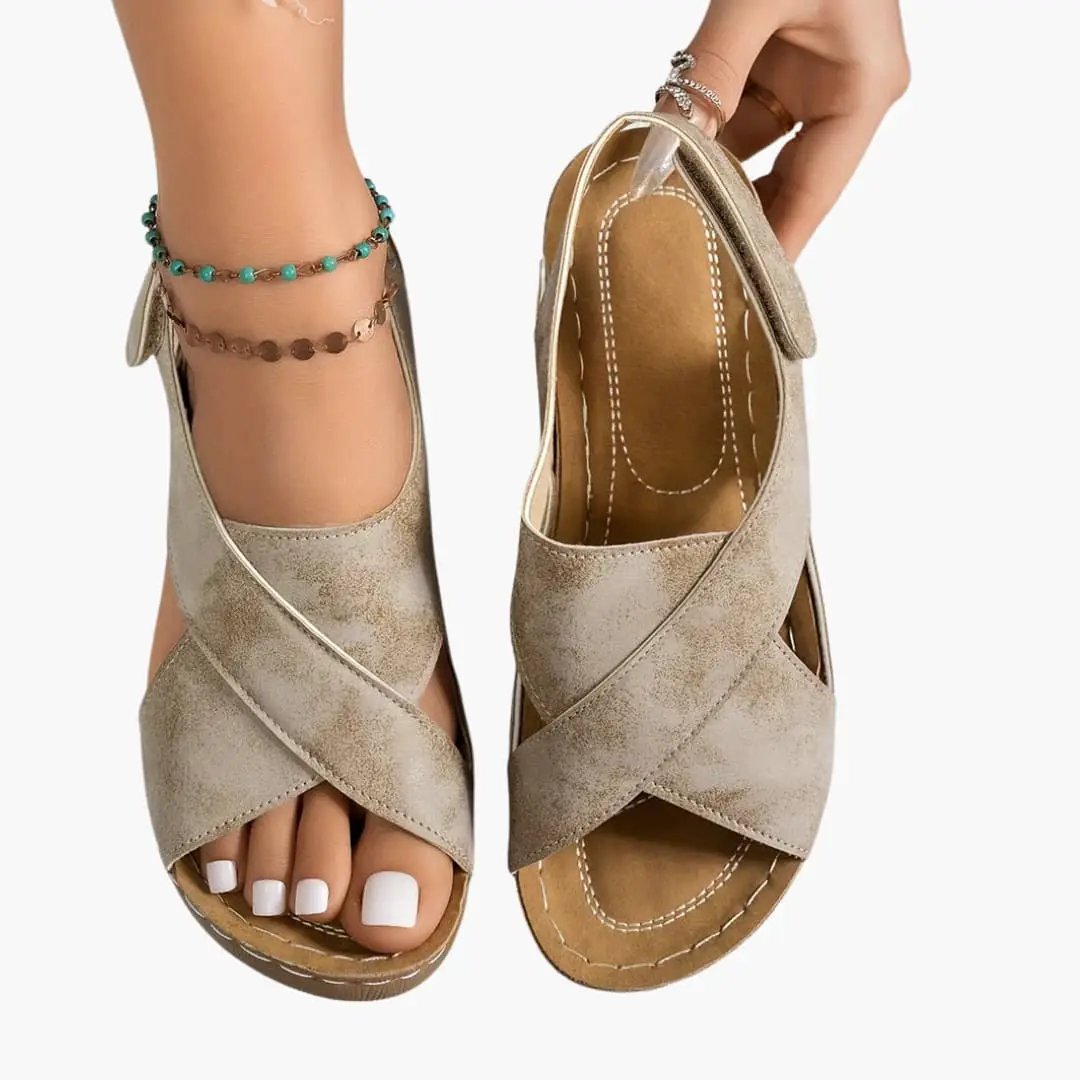 Women's wedge sandals by Wilfred Smith with cushioned footbed and platform in taupe