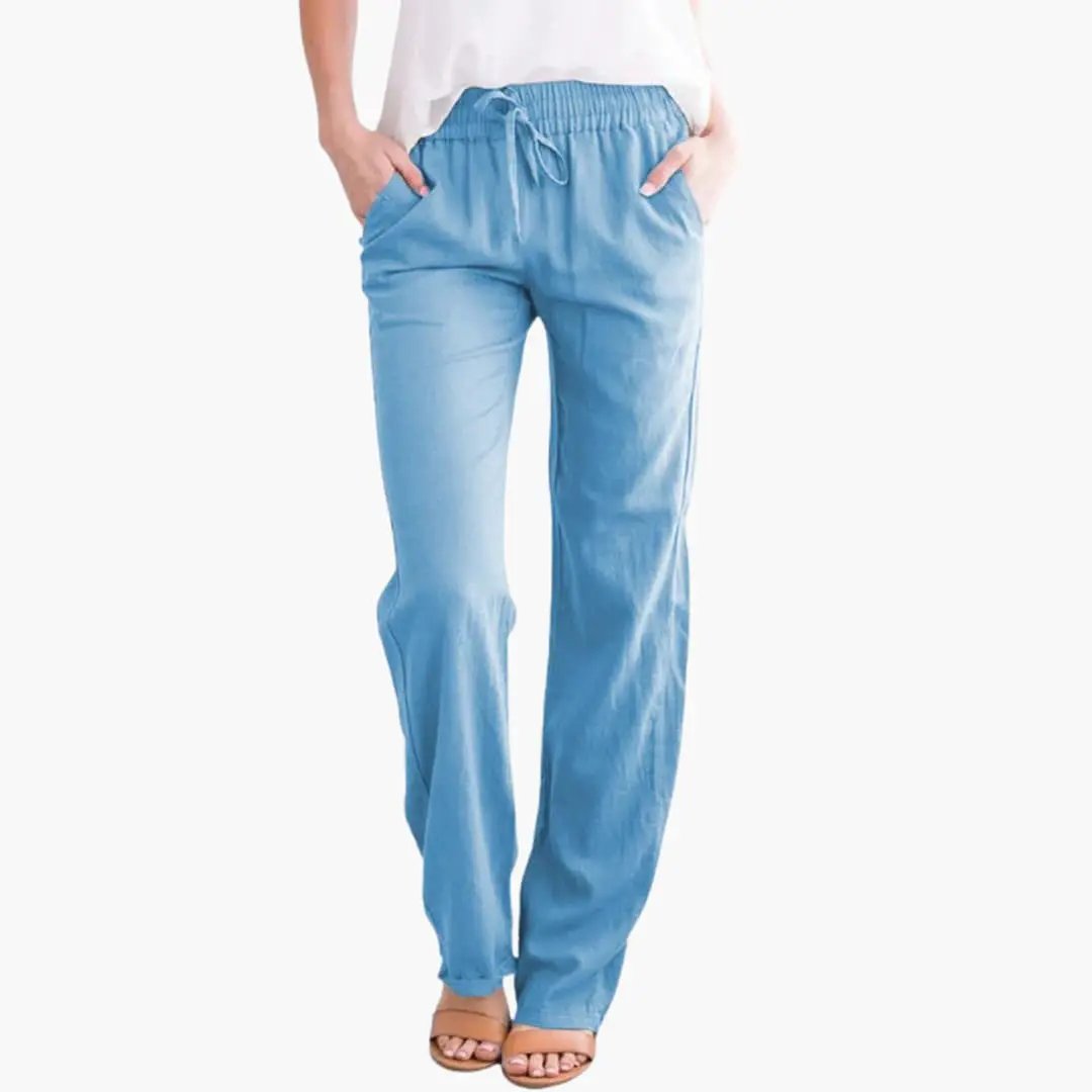 Women’s Wide-Leg Pants by Wilfred Smith with elastic waist and pockets in light blue