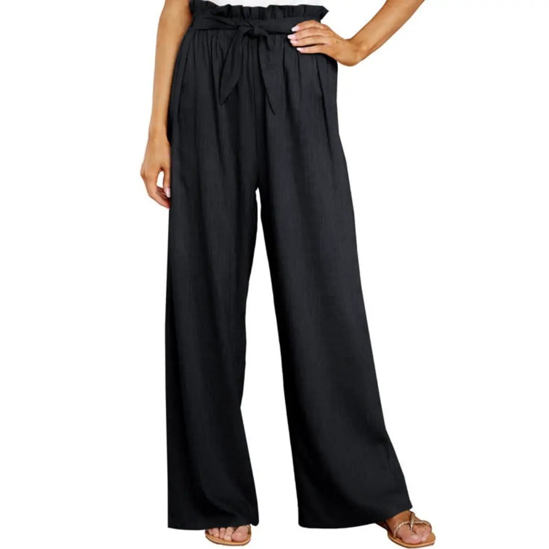 Women's Summer Pants with Elastic Waistband and Tie Belt, black wide-leg trousers