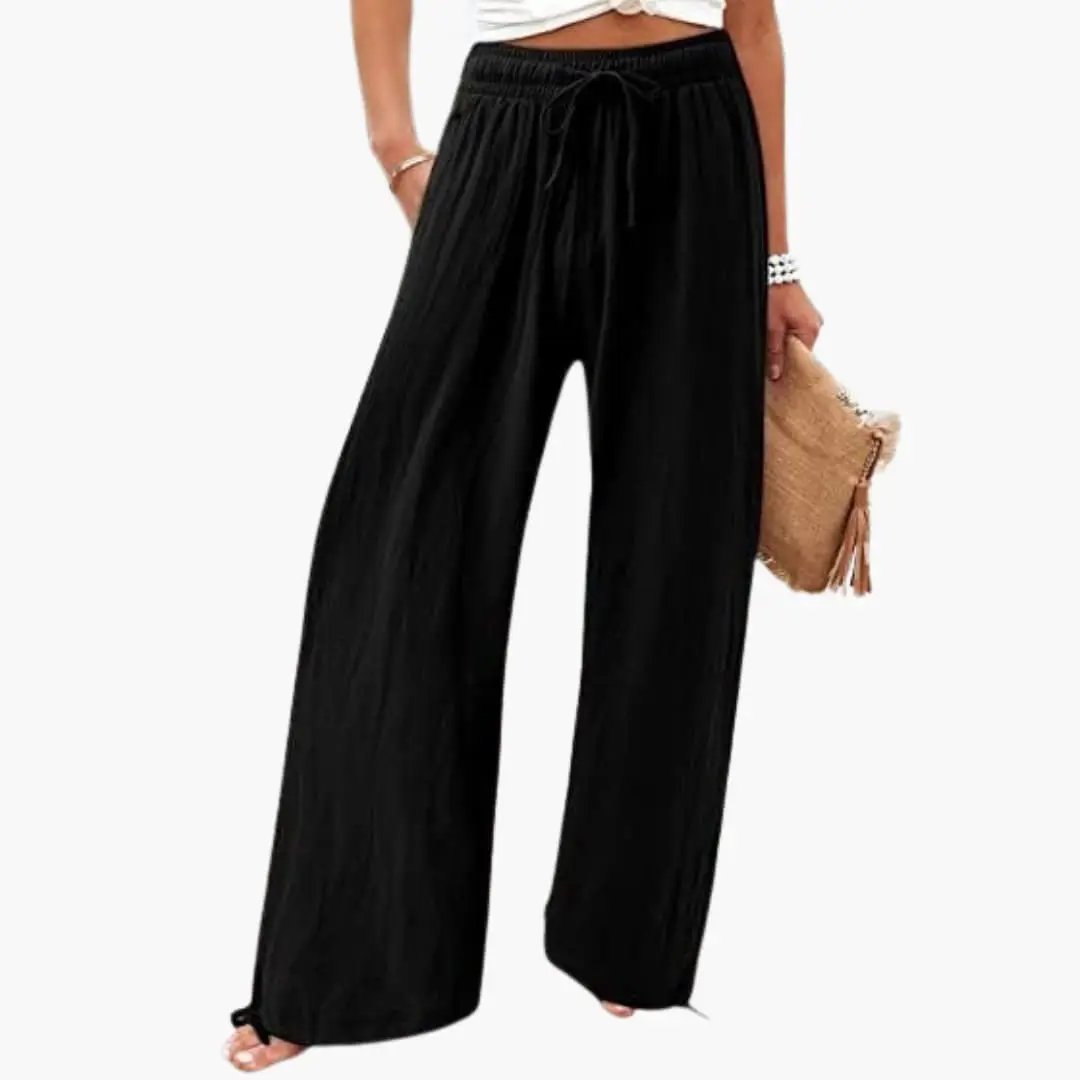 Women’s wide-leg black pants with elastic waist and tie belt