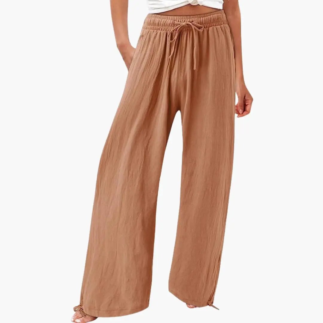 Wilfred Smith women's wide-leg pants in tan with elastic waistband and tie belt
