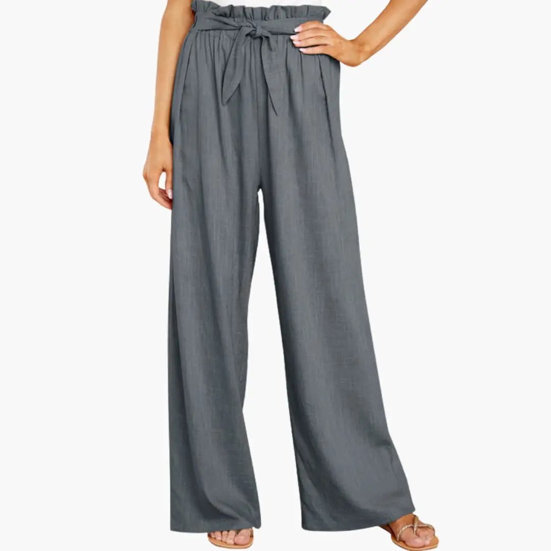 Gray women's wide-leg summer pants with elastic waistband and tie belt