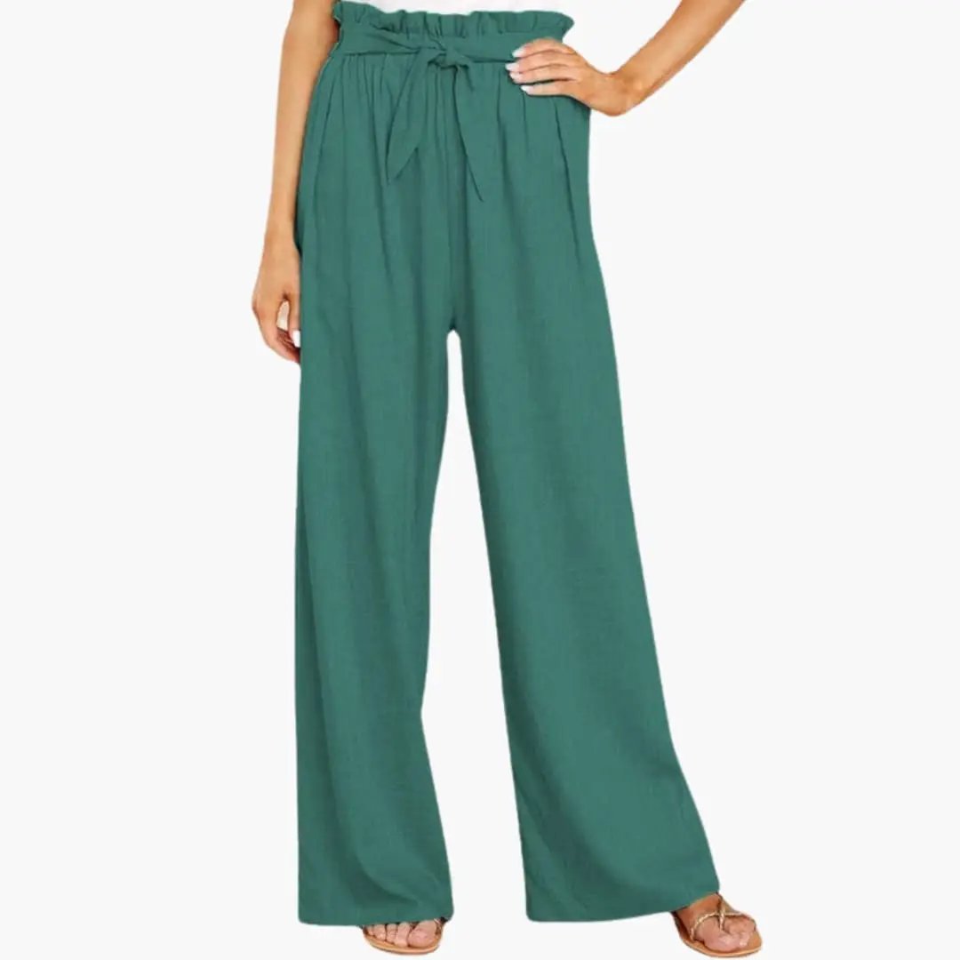 Women's summer pants by Wilfred Smith, teal wide-leg trousers with elastic waistband and tie belt