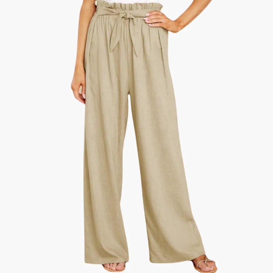 Wilfred Smith women's pants, beige wide-leg summer trousers with elastic waistband and tie belt.