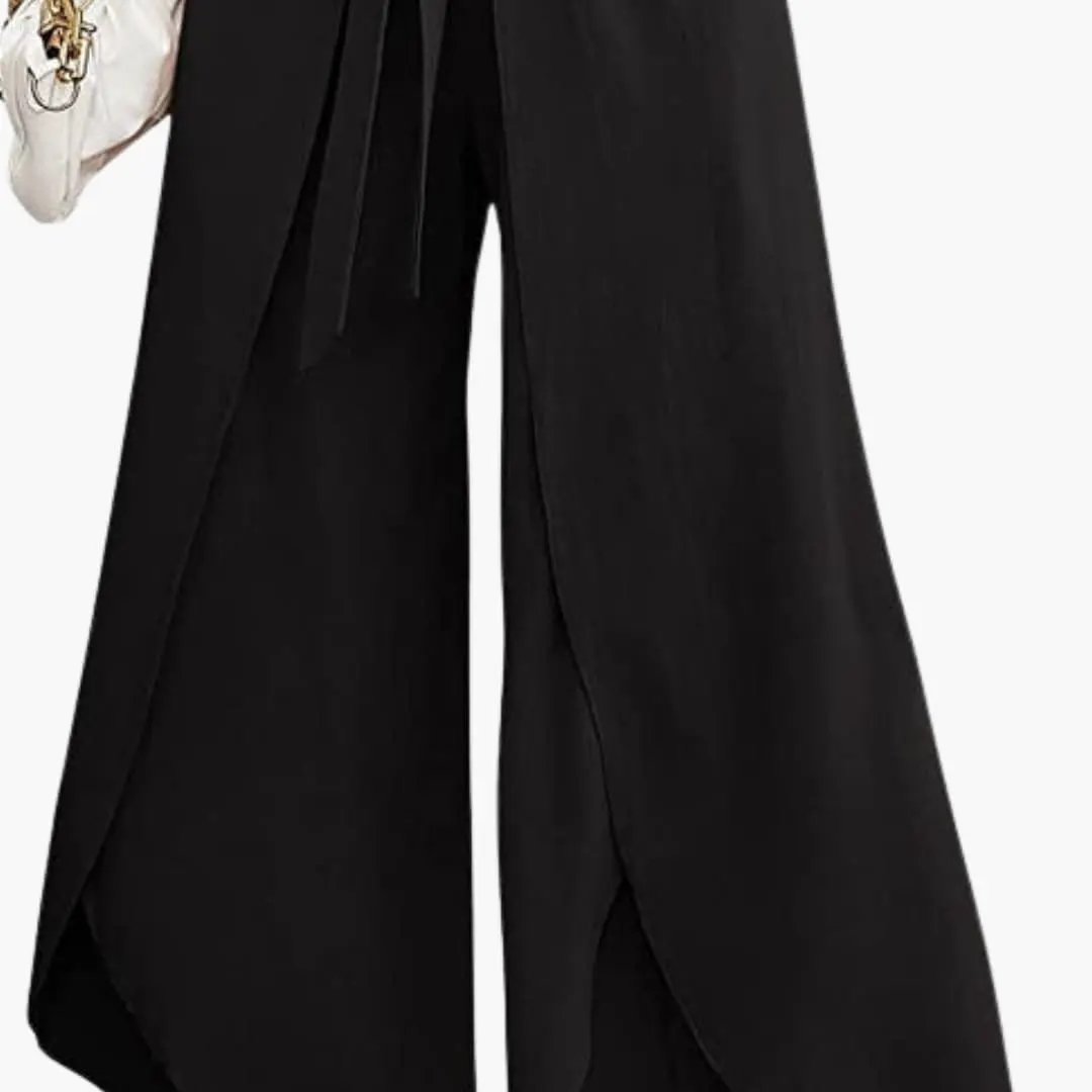Women’s Summer Pants with Tie Belt and Wide Leg in black fabric