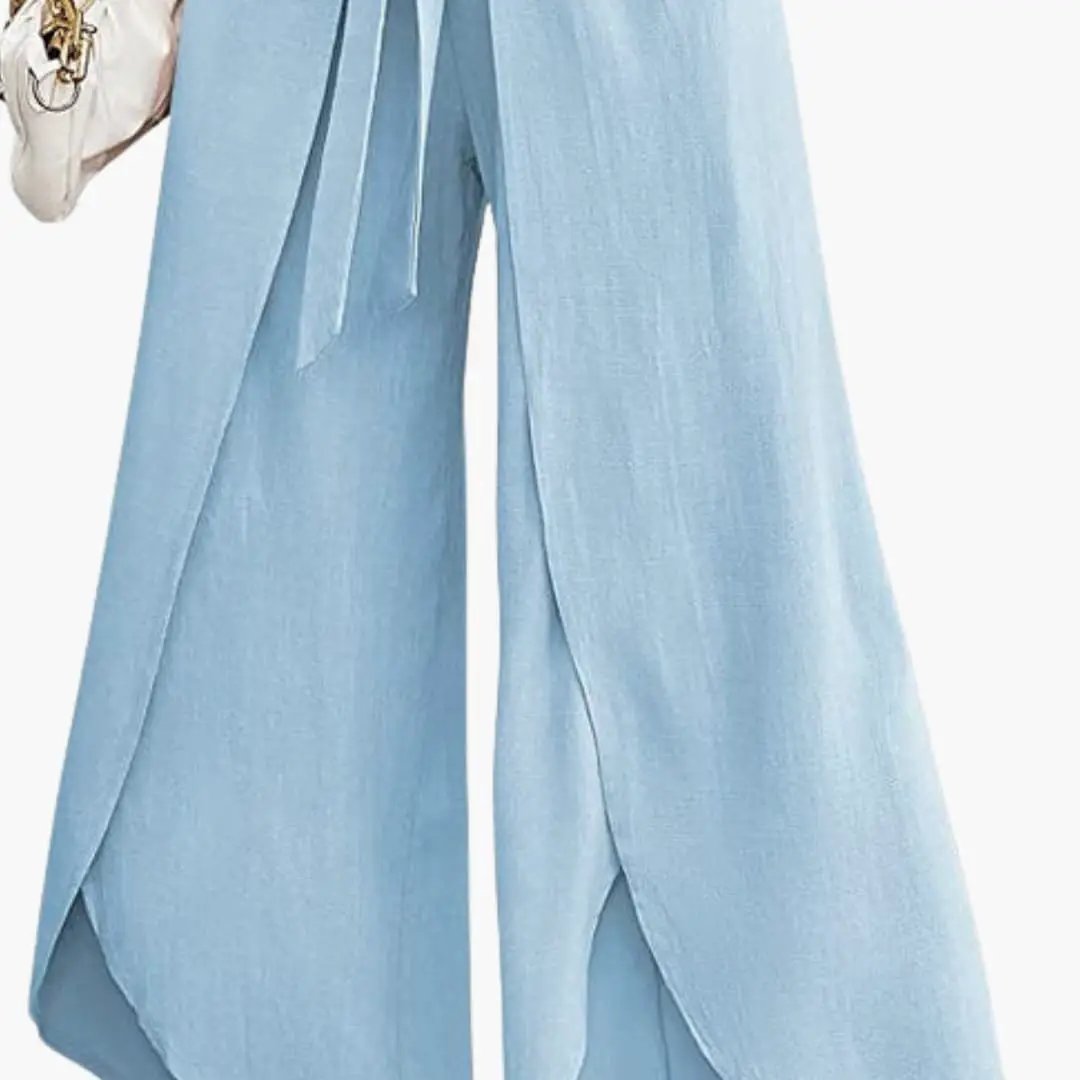 Women's Summer Pants with Tie Belt by Wilfred Smith, light blue wide-leg trousers.