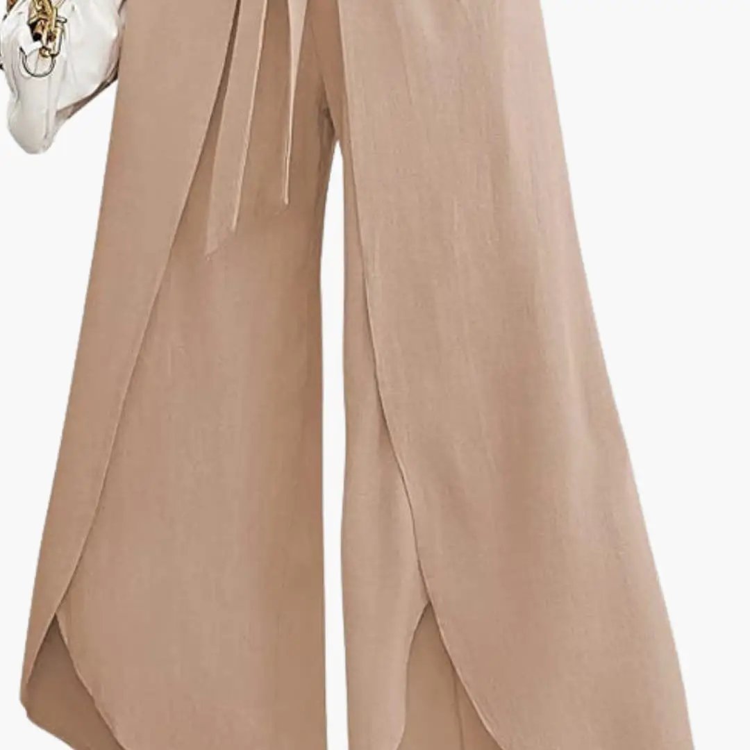Women's Summer Pants with Tie Belt and Wide Leg by Wilfred Smith, beige wide-leg trousers.