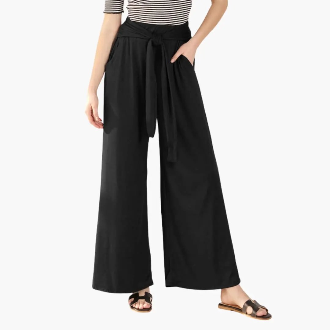 Women's wide-leg trousers by Wilfred Smith in black with a tie belt and side pockets for summer months.